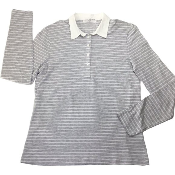 Amina Rubinacci Italy Polo Long Sleeve Gray White Stripe Cotton Size 48 or US 12 - Picture 7 of 10